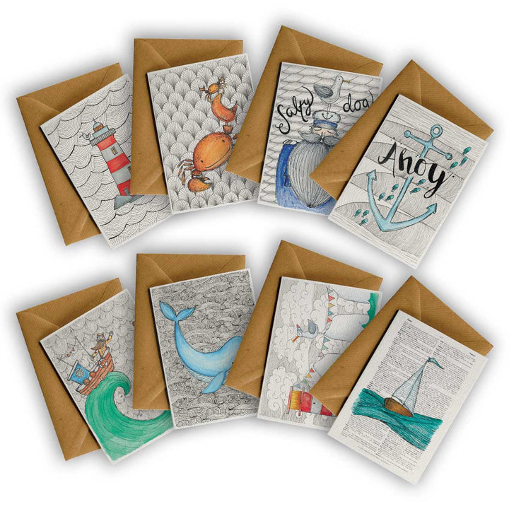 Pack of 8 SEASIDE Greeting Cards – hand-designed greeting card pack by Little Difference