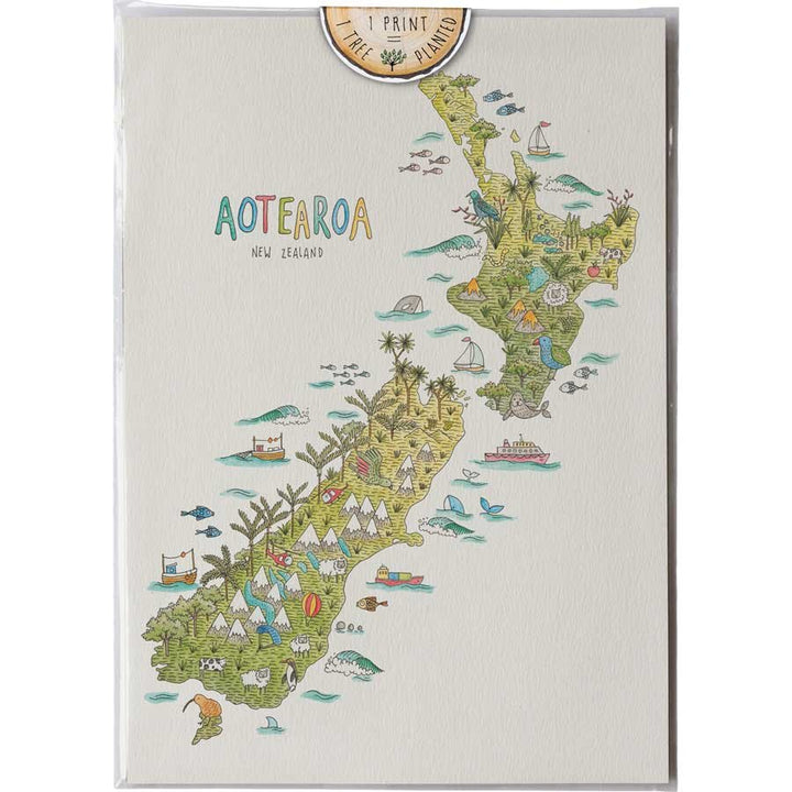 Art Print A3 - NZ Nature Map #AP-A3-147 – hand-designed art print by Little Difference