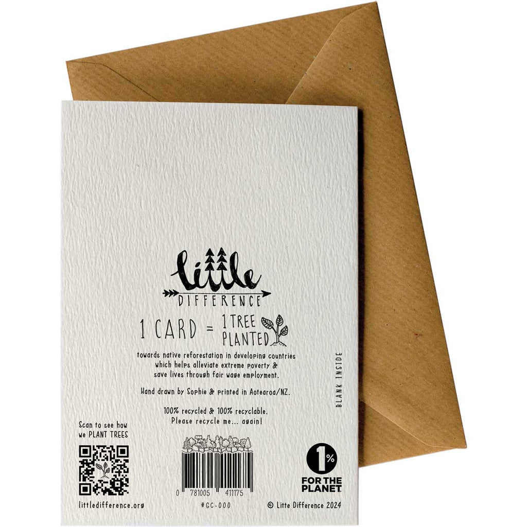 Hip Hip Hooray #WS-095 – back of wholesale Little Difference greeting card with recycled envelope