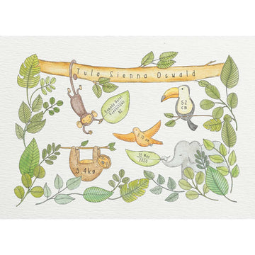 Customisable New Baby Art Print A3 - Jungle #AP-NB-A3-WS-160 – hand-designed art print by Little Difference