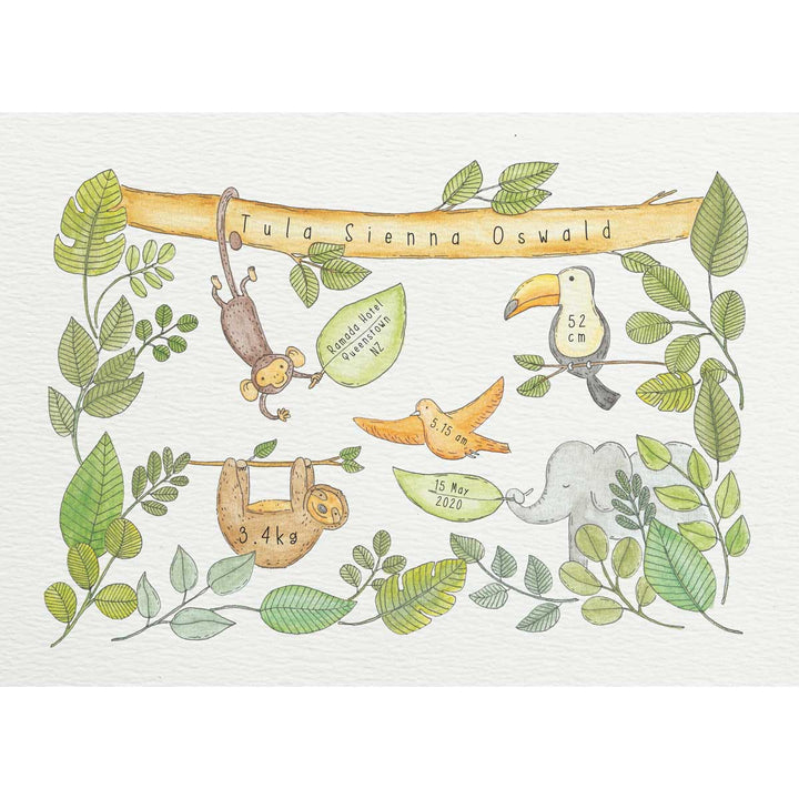 Customisable New Baby Art Print A3 - Jungle #AP-NB-A3-WS-160 – hand-designed art print by Little Difference
