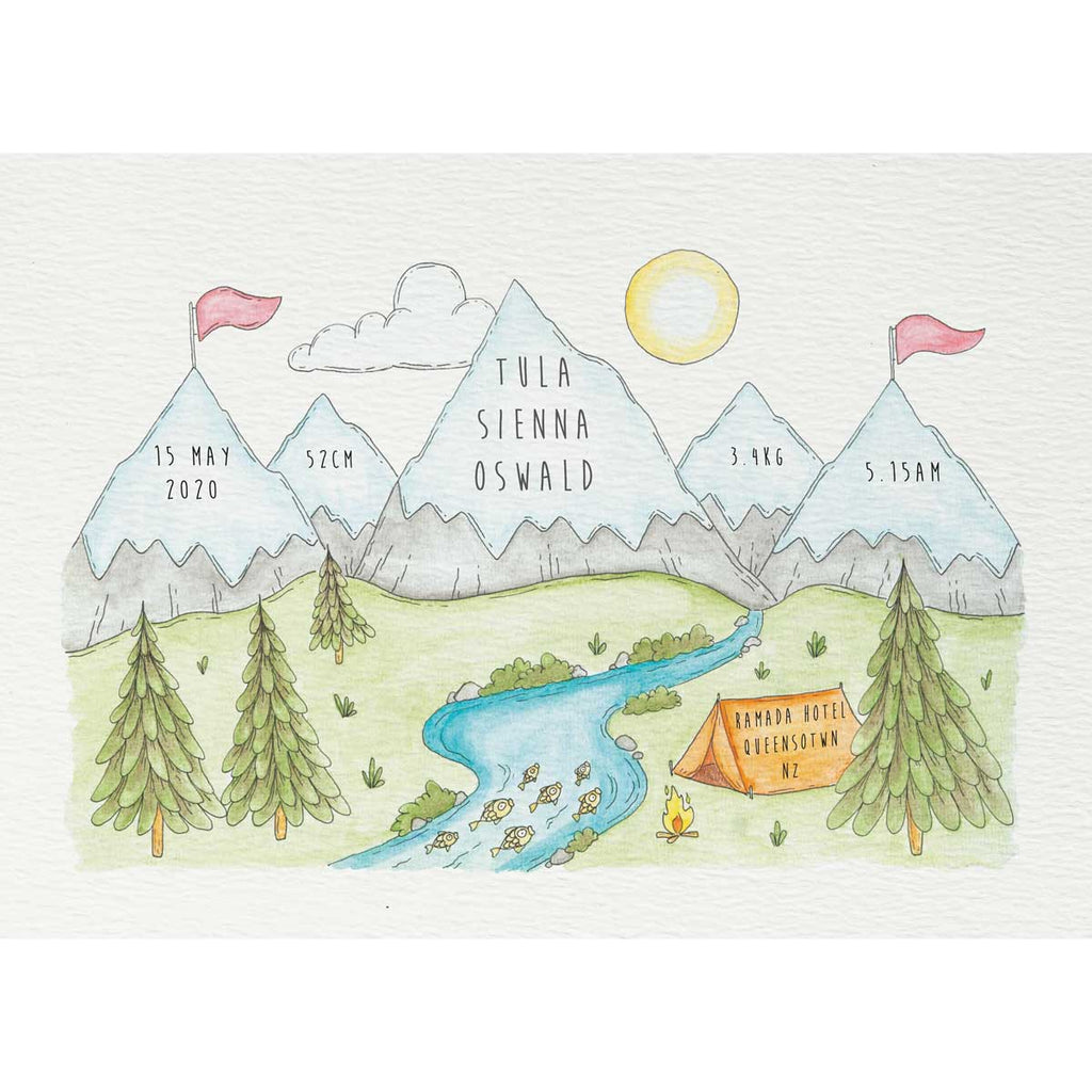Customisable New Baby Art Print A3 -Mountains #AP-NB-A3-WS-158 – hand-designed art print by Little Difference