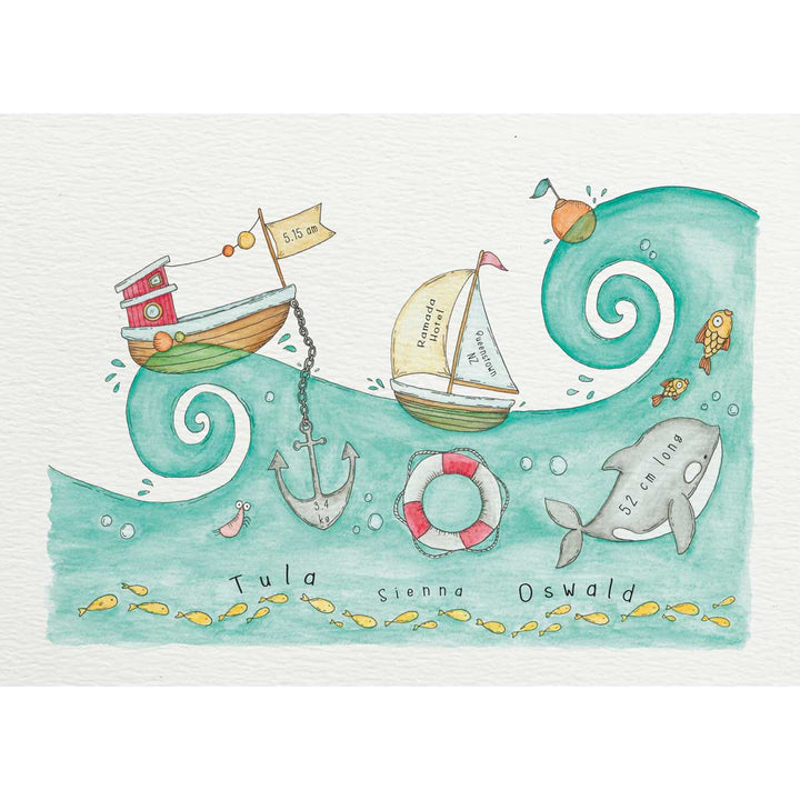 Personalised New Baby Art Print A3 - Sea #AP-NB-A3-159 – hand-designed art print by Little Difference
