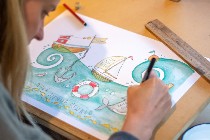 Customisable New Baby Art Print A3 - Sea #AP-NB-A3-WS-159 – hand-designed art print by Little Difference